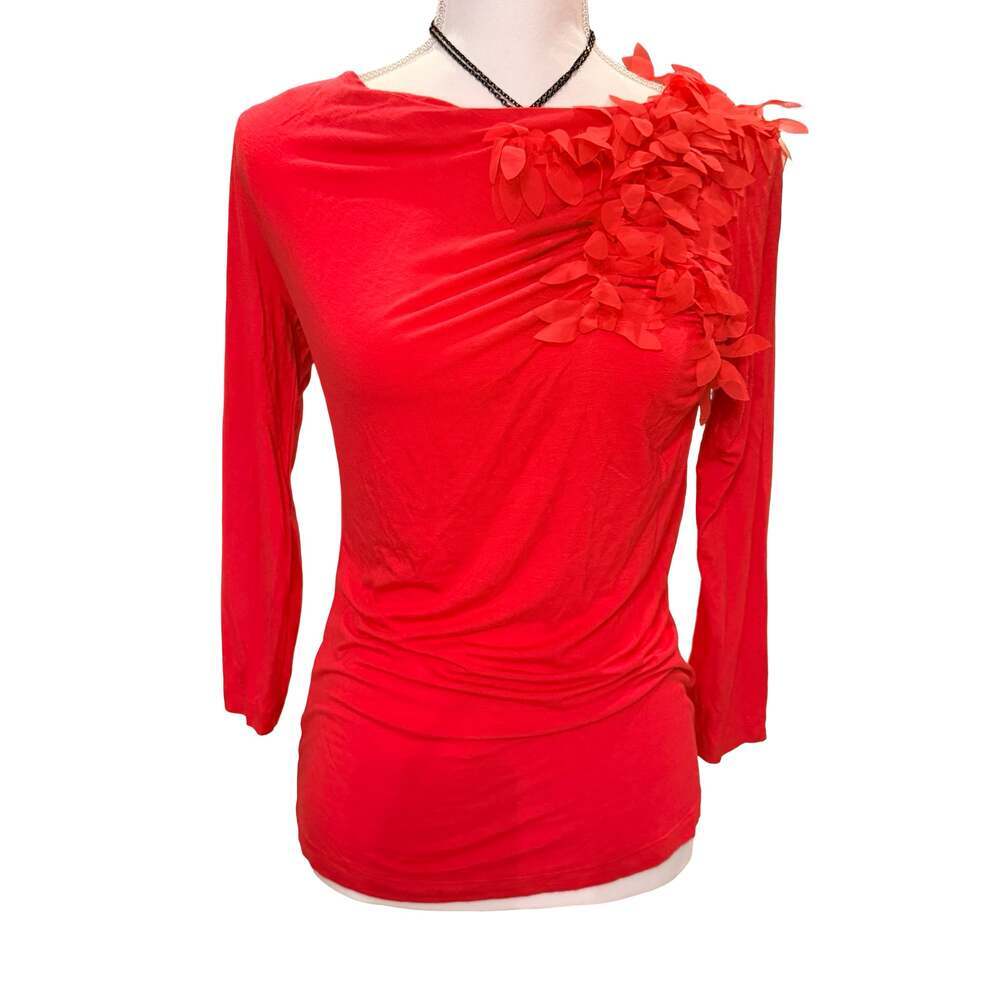 AK Anne Klein Red Long Sleeve Floral Applique Blouse Size S